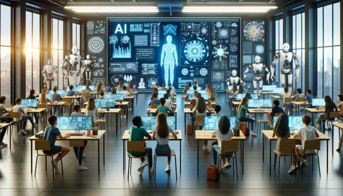 DALL·E 2023-11-24 11.45.42 - A futuristic classroom setting with students of diverse descents and genders, engaged in learning about artificial intelligence and robotics. The room