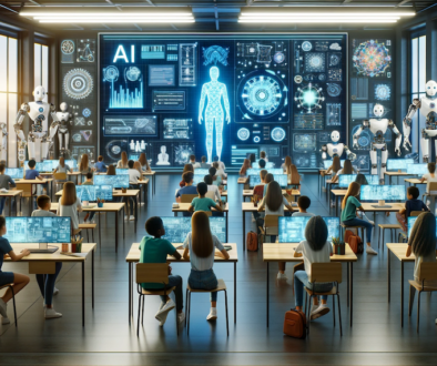 DALL·E 2023-11-24 11.45.42 - A futuristic classroom setting with students of diverse descents and genders, engaged in learning about artificial intelligence and robotics. The room