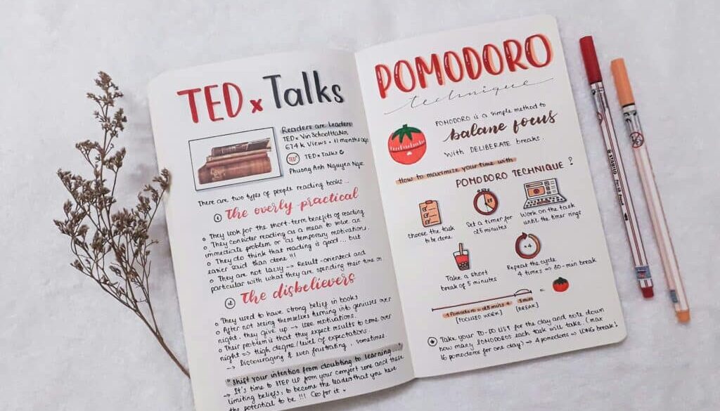 Notebook with TEDx Talks and Pomodoro technique