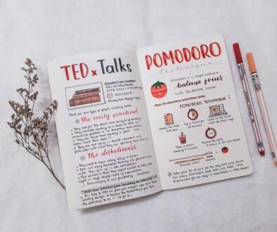 Notebook with TEDx Talks and Pomodoro technique