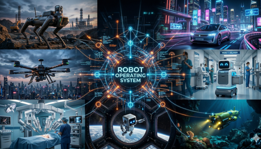 Futuristic robots in various environments.
