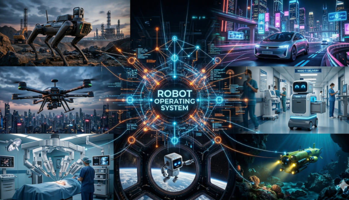 Futuristic robots in various environments.