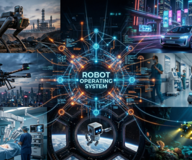 Futuristic robots in various environments.